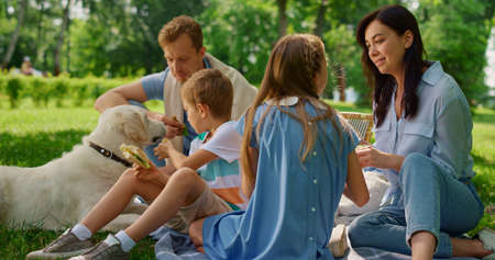 Little cute boy feeding lying labrador on weekend picnic. White dog catch tasty food on green grass...