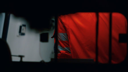 Closeup unrecognizable paramedic standing in ambulance car. Emergency doctor wearing high visibility medical uniform. Emergency vehicle arriving at car accident at night. View through car windowの写真素材