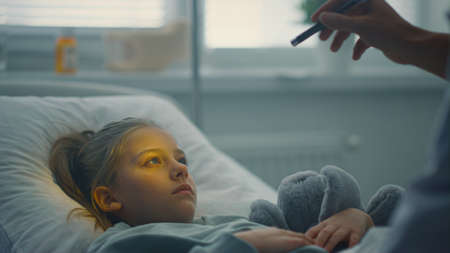 Physician examining little patient with flashlight test in hospital closeup. Unrecognized doctor...