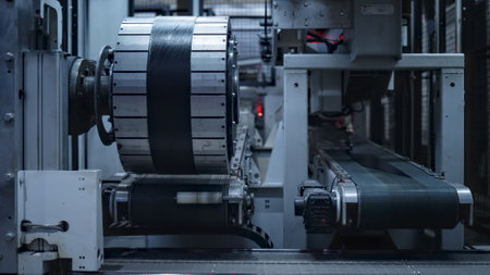 Technological tyre stamping automat in automated manufacture with conveyor. Industrial automobile wheel tire production line mechanism at robotic plant. Automotive machinery rubber product conceptの写真素材