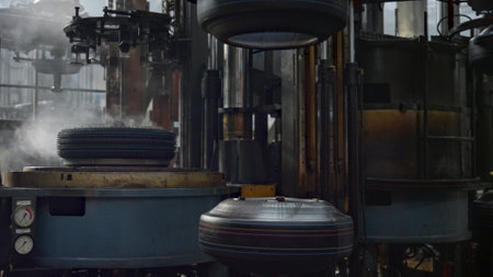 Mechanical tyre production machine working at automotive workshop fast motion. Technological modern mechanism stamping automobile rubber tire making smoke. Producing automation technology conceptの写真素材