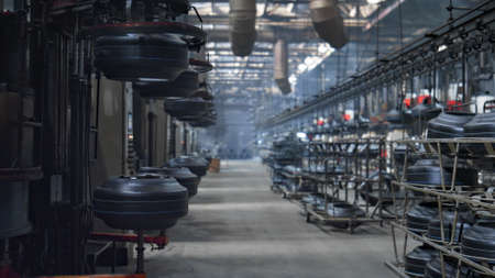 Automated tire production conveyor facility working process in modern plant. Industrial...