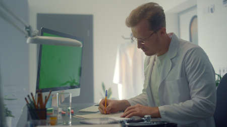 Therapist working mockup screen computer checking patient lungs x-ray close up. Modern technology...