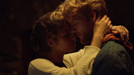 Closeup couple dancing slow on romantic evening. Lovely girlfriend boyfriend hug embrace together on...