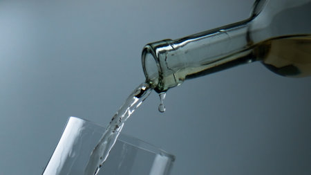 White wine flowing glass closeup. Beautiful liquid droplet falling into goblet. Transparent bottle pouring chardonnay on romantic date celebration. Serving excellent sauvignon drink in wineglass.の写真素材