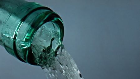 Transparent bottle pouring wine closeup. Bubbling white alcohol flowing down. Cool sparkling...