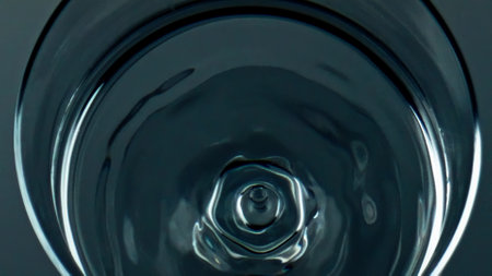 Closeup water droplet falling smooth surface top view. Pure mineral liquid waving with rings ripple. Purified drop splashing refreshing clear transparent drink. Wellness health care routine concept.の写真素材