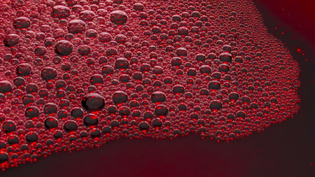 Foamy alcoholic drink surface top view. Wine bubbles bursting slowly closeup. Rose red liquid frothing texture establishing. Macro sparklers inebriant liquor glassware. Winery degustation conceptの写真素材