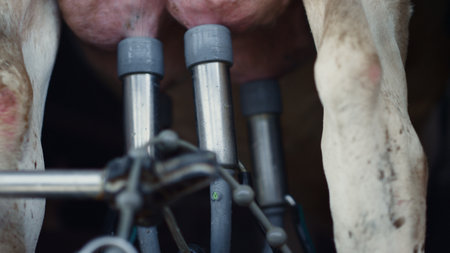 Technological cows milk pumping automat working on cattle udder close up. Modern milking system producing fresh dairy in mechanical cowshed. Agricultural livestock facility on computerized manufactureの写真素材