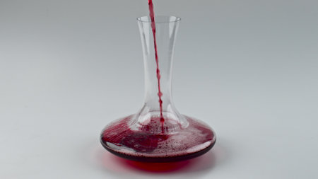 Closeup pouring red wine glass bowl indoors. Alcoholic liquid filling decanter super slow motion. Inebriant rose splashing transparent glassware macro. Merlot wave inside clean pure containerの写真素材