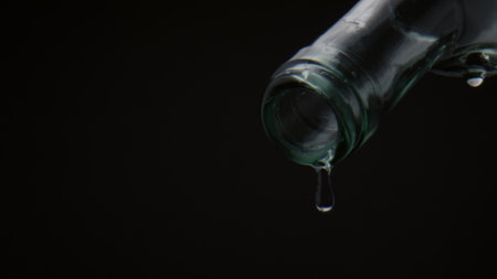 Crystal droplets drip from bottle neck in super slow motion close up. Calm view of clear water drops falling down from transparent glass container on black background. Thirst quenching concept.の写真素材
