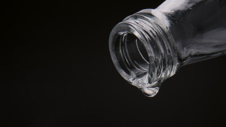 Last transparent drops drip from bottle neck in super slow motion close up. Clear waterdrops falling down from glass vial on black background. Fresh pure water for healthy lifestyle concept.の写真素材