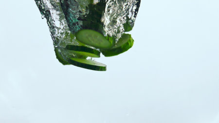 Closeup pieces fresh cucumber dropped in transparent water with splashes bubbles. Green tasty vegetable falling in clear liquid super slow motion. Ripe raw veggies underwater on white background.の写真素材