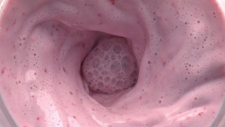 Fruit milk cocktail rotating moving top view. Pink lactose beverage swirling in slow motion. Creamy dairy liquid vortex with waves closeup. Calcium milkshake making funnel. Drink preparing conceptの写真素材