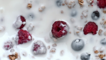 Berries muesli floating milk closeup. Organic breakfast at dairy liquid macro view. Delicious...