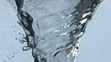 Water swirling transparent glass closeup. Clear aqua moving clean vessel in slow motion. Liquid...