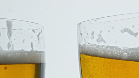 Lager beer glasses cheers gesture closeup. Full vessels toasting together super slow motion. Alcohol hoppy beverages celebration white background. Fresh golden pale ale splashing in mugs macroの写真素材