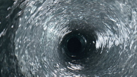 Closeup bubbling water glass. Organic cool cocktail rippling texture in clean goblet macro. Mineral liquid glassware swirling vortex in super slow motion. Freshness healthy beverage conceptの写真素材