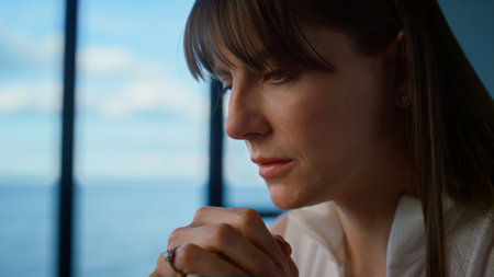Nervous woman making decision alone closeup. Anxious manager thinking problems analyzing financial...