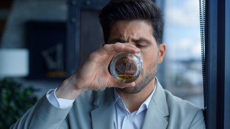 Rich man tasting cognac in luxury interior portrait. Confident gentleman enjoying vacation with...