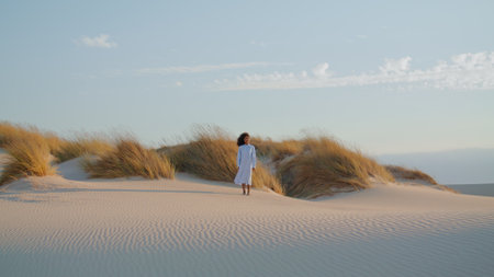 Lonely young woman standing sand desert in front high dry grass at summer day. Curly african american girl wearing white dress posing at wilderness in distance. Calm brunette enjoy wind blowing hair.の写真素材