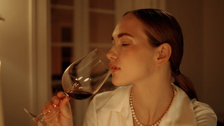 Exquisite woman drinking wine at candles place portrait. Elegant lady tasting alcohol beverage at fancy evening dinner closeup. Sensual girl holding glass enjoying drink alone at cozy night atmosphereの写真素材