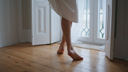 Barefoot girl feet moving at cozy apartment close up. Unrecognizable woman dancing on laminate floor. Young lady legs having fun enjoying morning at home. Anonymous person relaxing near big windowの写真素材