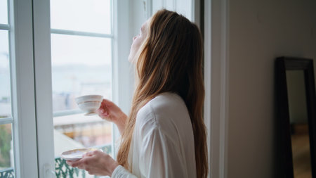 Satisfied lady enjoying cup of coffee at home closeup. Attractive woman drinking tea watching window at morning. Relaxed girl having rest looking city view at cozy apartment. Daily rituals conceptの写真素材