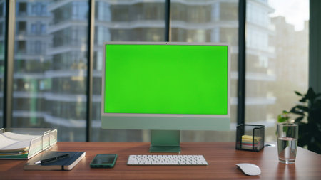 Computer monitor mockup placed desk closeup. Green screen pc modern workplace interior zoom on....