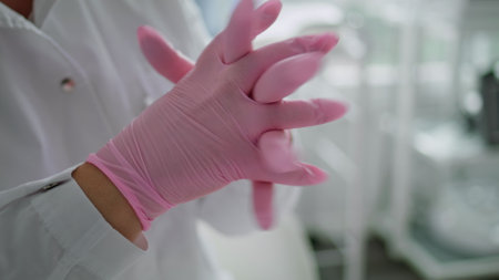 Doctor hands wearing pink rubber gloves close up. Unknown woman doctor cosmetologist caring about sterility hygiene working in modern clinic office. Medical worker preparing to examining procedures.の写真素材