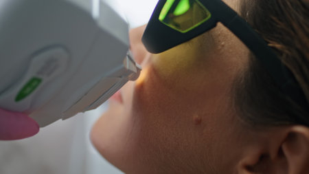 Hardware rejuvenation facial skin in modern cosmetology clinic close up. Woman client making face wrinkle lifting using laser device. Unknown cosmetologist making anti-aging procedure in beauty salon.の写真素材