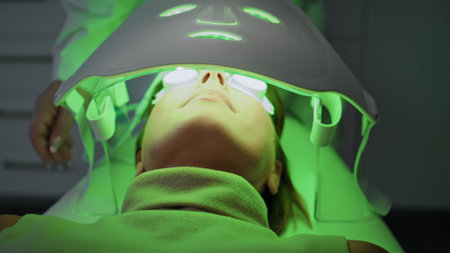 Woman in glasses lying at phototherapy modern cosmetology clinic close up. Unknown beautician checking led light mask for face skin rejuvenation therapy. Aesthetic medicine for facial treatment.の写真素材