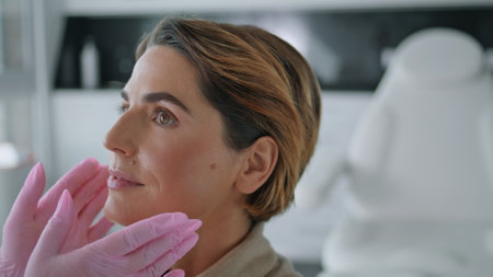 Unknown doctor in gloves making facial examination to elegant woman closeup. Cosmetologist hands touching face lady client checking skin health. Beautician preparing patient to beauty salon procedure.の写真素材