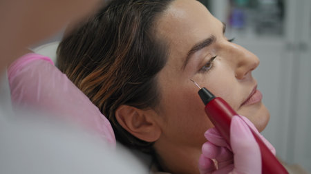 Woman client receiving rejuvenation procedure with ultraviolet device close up. Unknown doctor making plasmage correcting mimic wrinkles starting skin regeneration. Modern cosmetology clinic therapy.の写真素材