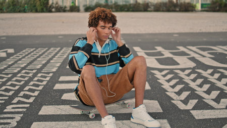 Smiling guy enjoying music on phone outdoors closeup. Stylish hipster sitting skateboard with mobile...