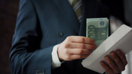 Unrecognizable man putting bribe money into envelope in office close up. Businessman hands placing...