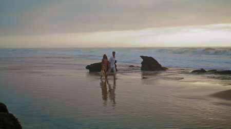 Unknown spouses walking sea beach background. Carefree people enjoying romantic anniversary date. Love pair crossing sandy coastline holding hands. Stormy ocean waves crashing in nature landscapeの写真素材