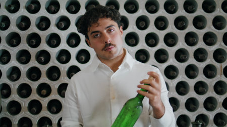 Young italian winetaster holding glass bottle with gourmet wine looking camera close up. Portrait of curly experienced sommelier standing at winery cellar with grape alcohol collection on backdrop.の写真素材