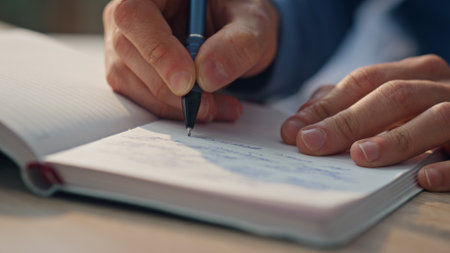 Closeup businessman hands writing notes at desk. Unknown entrepreneur holding pen preparing schedule in diary book. Anonymous freelancer man filling paper crossing text in notebook on office tableの写真素材