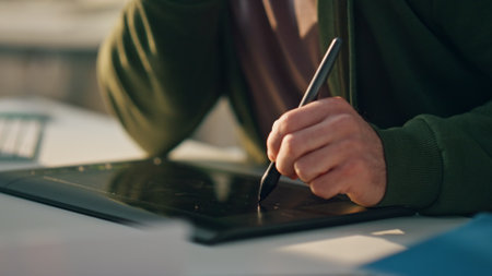 Closeup designer hand drawing tablet at table. Busy artist talk phone at hipster workplace. Focused creative business man working at digital pad computer. Professional creator consulting client aloneの写真素材