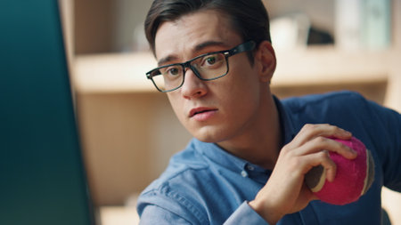 Closeup businessman looking pc screen at office. Focused web expert guy holding ball reading scientific research information indoor. Attentive serious creator examining project sitting private cabinetの写真素材