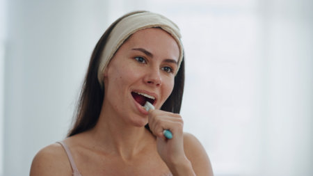 Smiling lady doing dental hygiene at bathroom close up. Brunette positive woman brushing teeth looking herself in mirror. Cute girl clean mouth with toothpaste removing plaque. Daily routine conceptの写真素材