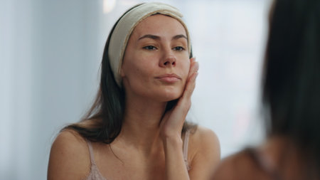 Smiling lady looking mirror at bathroom closeup. Stunning woman touching fresh skin feeling satisfied. Grooming model doing morning routine at light modern apartment. Female beauty treatments conceptの写真素材