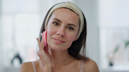 Smiling woman cleaning face looking camera at home pov view. Headband positive lady applying lotion removing makeup at bath portrait. Happy girl using sponge taking care of skin condition closeupの写真素材