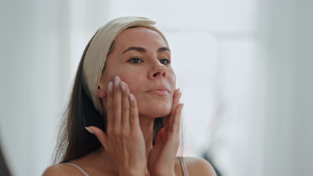 Happy lady applying cream looking mirror at home closeup. Hair bandage woman touching facial skin pampering at light apartments. Relaxed satisfied girl anti age treatment. Healthy skincare beautyの写真素材