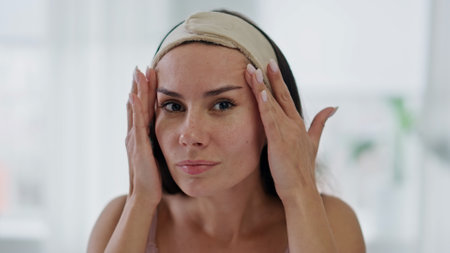 Pov disappointed girl touching face in bathroom. Close up worried upset lady tightenings dry fragile skin feeling troubled at home. Portrait unhappy stressed woman checking wrinkles. Facial problemの写真素材