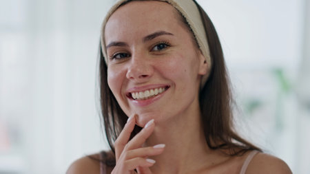 Portrait coquettish girl posing at bathroom. Pov view happy woman smiling camera flirting at cozy home. Lovely lady enjoying beauty procedures and skin condition at white apartment place alone closeupの写真素材