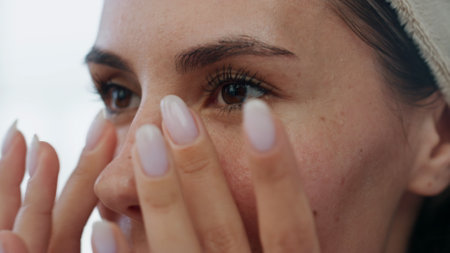 Woman face moisturizing at bath room closeup. Grooming lady applying facial foundation pampering at home. Relaxed girl enjoying morning selfcare at white apartment. Professional care product conceptの写真素材