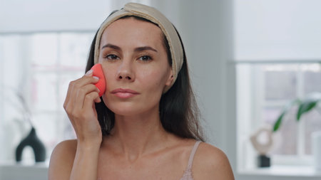 Pov morning lady makeup routine at bathroom. Portrait young woman holding beauty blender applying foundation at windows place. Attractive model preparing homemade visage feeling satisfied closeupの写真素材