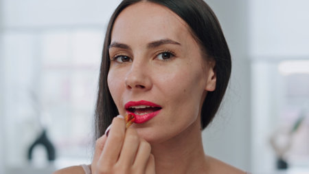 Pov lady lips makeup preparing at bath room. Portrait smiling girl applying red lipstick cosmetics in white home. Closeup happy woman face enjoying morning routine. Beauty care and treatment conceptの写真素材